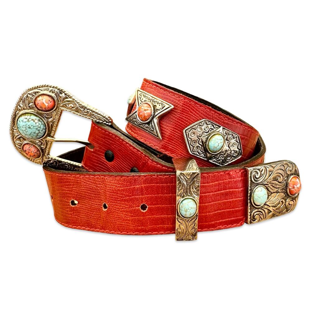Navajo Rodeo Southwestern Reptile Skin Earth Stone Engraved Cowboy Concho Belt